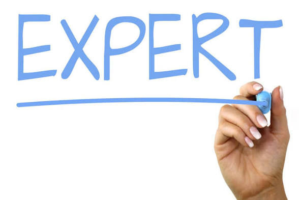Hand writing "EXPERT" in blue on a white background, with a line beneath the text.