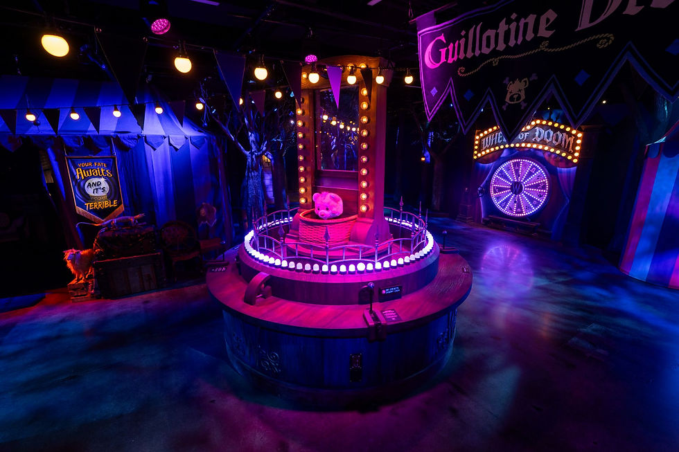 Neon-lit carnival fortune booth with a pink pig in a basket, glowing lights, and signs for Guillotine and Wheel of Doom.