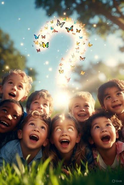 Children gaze joyfully at butterflies forming a glowing question mark in a sunny park, creating a sense of wonder and excitement.
