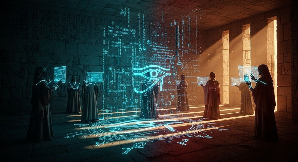 Mystics in robes stand in a stone chamber, interacting with glowing blue holographic screens and symbols, including an Eye of Horus.