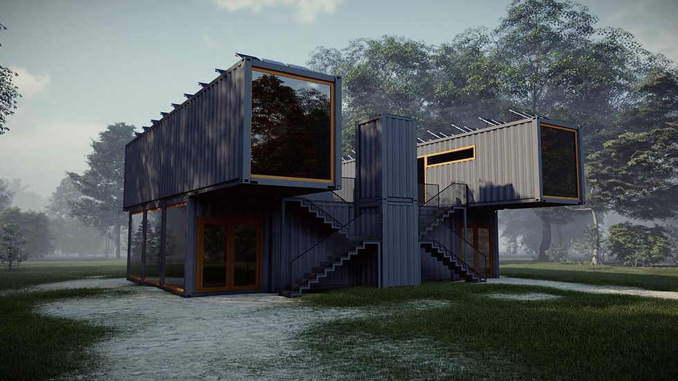 Modern two-story container house with glass windows, surrounded by trees and grass. Exterior is gray with orange trim, creating a serene mood.