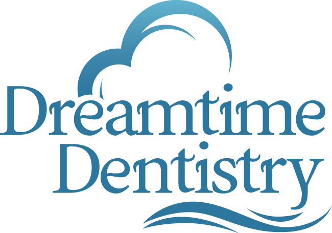 Blue "Dreamtime Dentistry" logo with a cloud and wave design, conveying a calm and soothing mood.