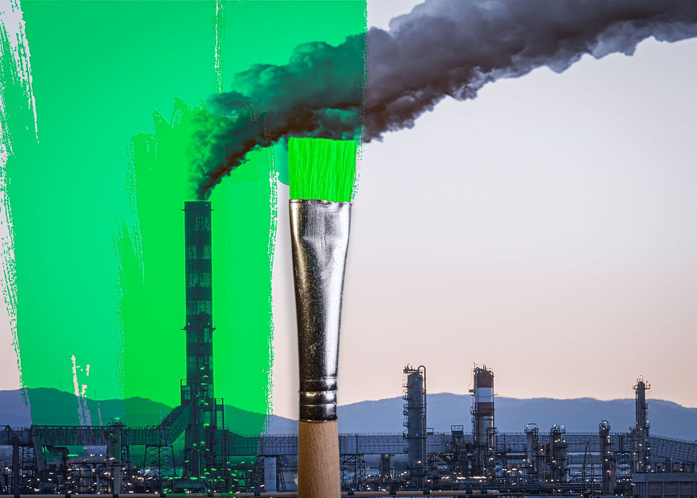 A paintbrush strokes a smokestack green, contrasting a factory with black smoke. The background displays an industrial landscape.