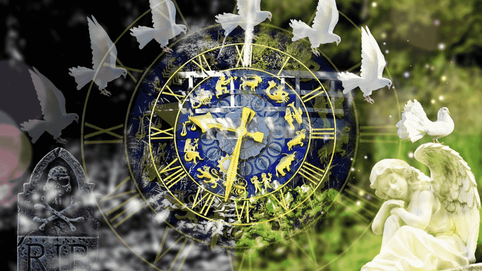 The image features a celestial clock with zodiac signs at its center, surrounded by white doves in flight. A gravestone and a peaceful angel statue appear in the background.