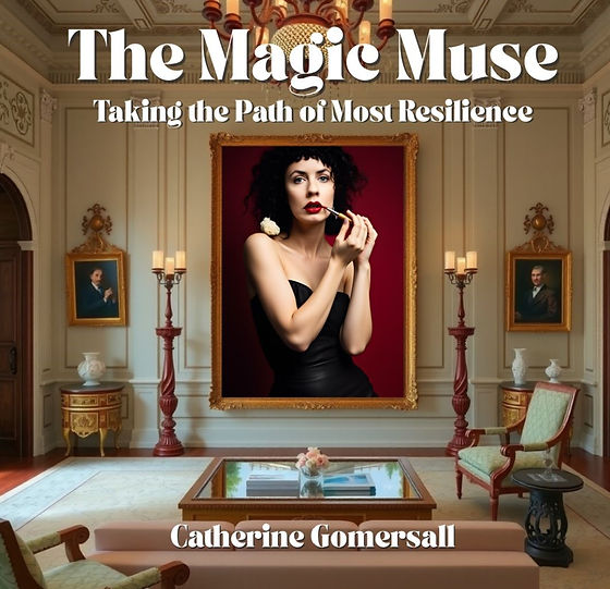 Portrait of a woman applying lipstick in an ornate room with classic decor. Text reads "The Magic Muse" and "Catherine Gomersall."