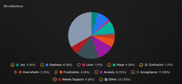 Pie chart on dark background labeled 69 reflections, showing feelings like Other, Acceptance, Anxiety, Sadness, and Hope
