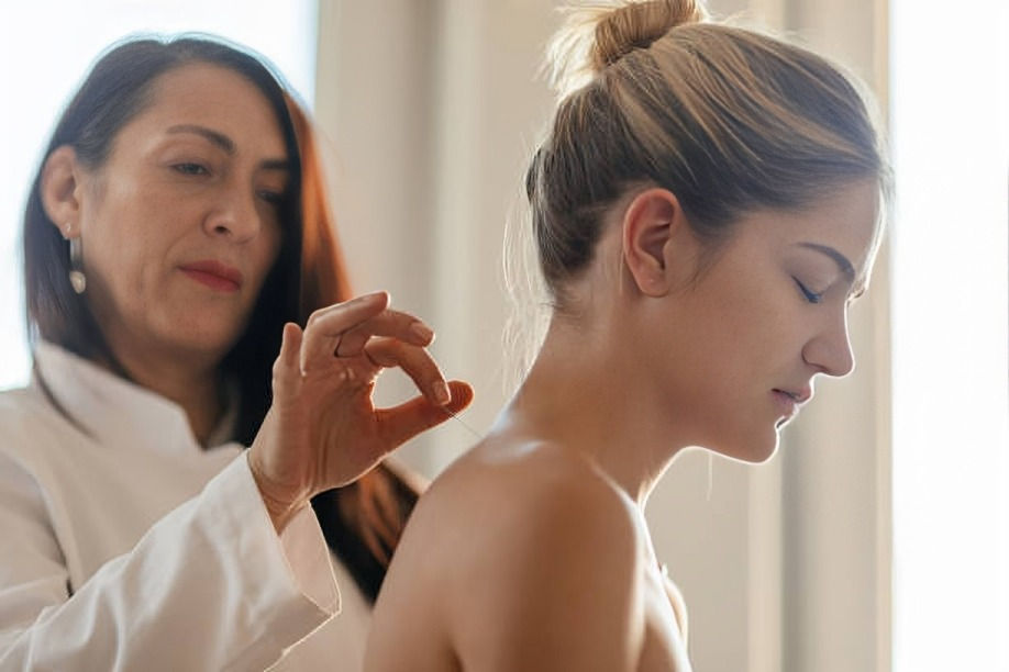 Woman administers acupuncture to another woman in a calming, well-lit room. The patient appears serene, with eyes closed.
