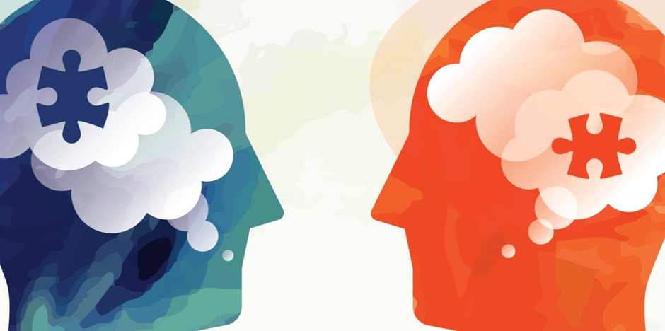 The image features two abstract human heads, one in blue and the other in red, facing each other. Each head has a thought bubble with a puzzle piece missing, symbolizing communication, problem-solving, and the exchange of ideas.