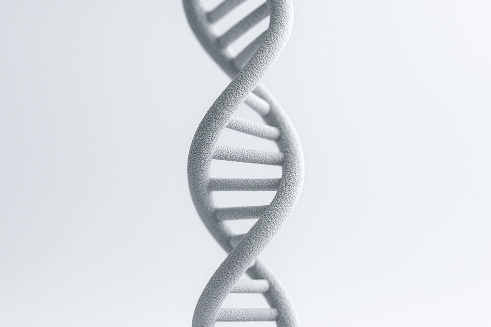 Close-up of a textured gray DNA double helix against a plain white background, conveying a scientific and clinical mood.