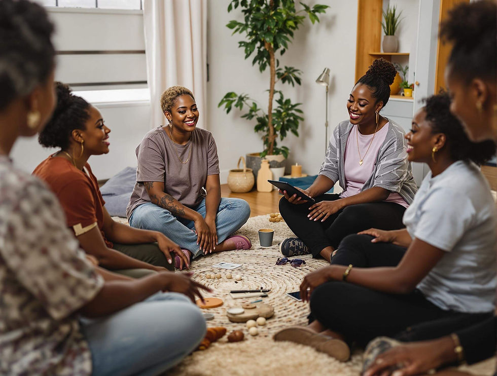 A group of women sit in a circle on a rug, talking and smiling. The room is cozy with plants and soft lighting, creating a warm atmosphere.
