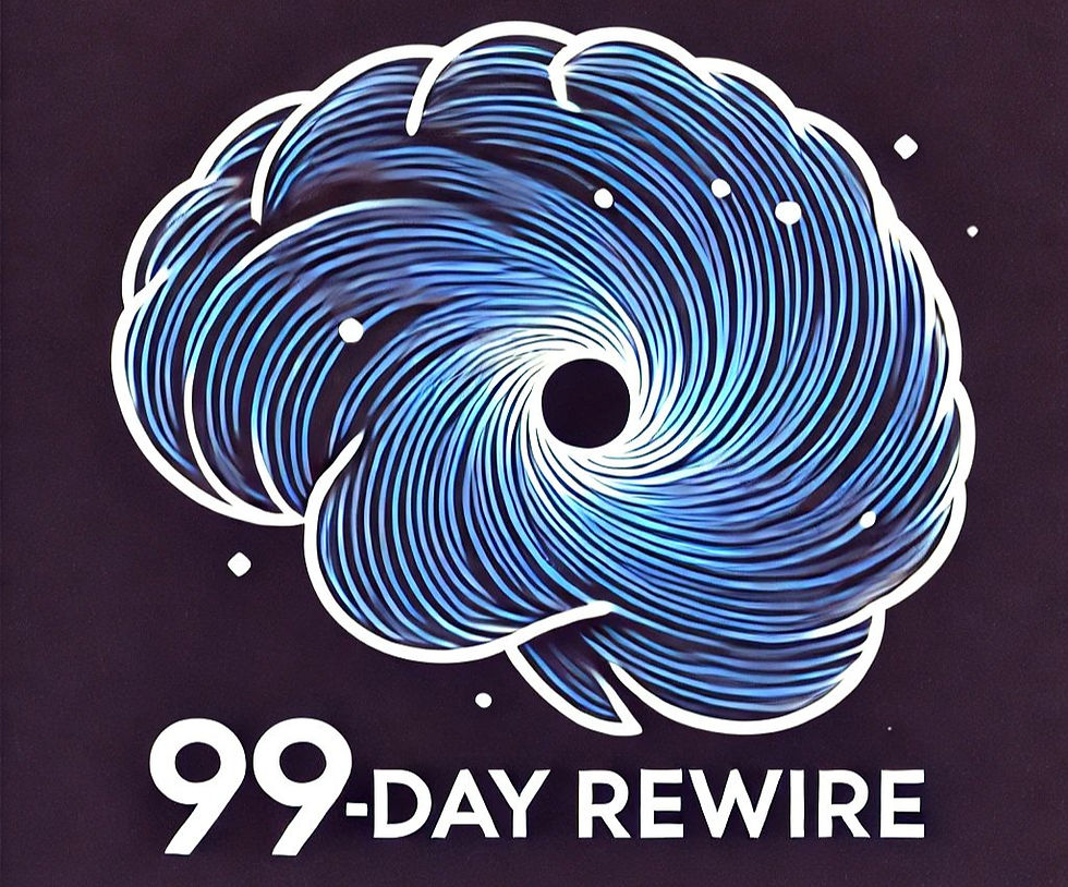 Stylized blue brain spiral on dark background, surrounded by small dots. Bold text below reads "99-DAY REWIRE". Mood is dynamic and engaging.