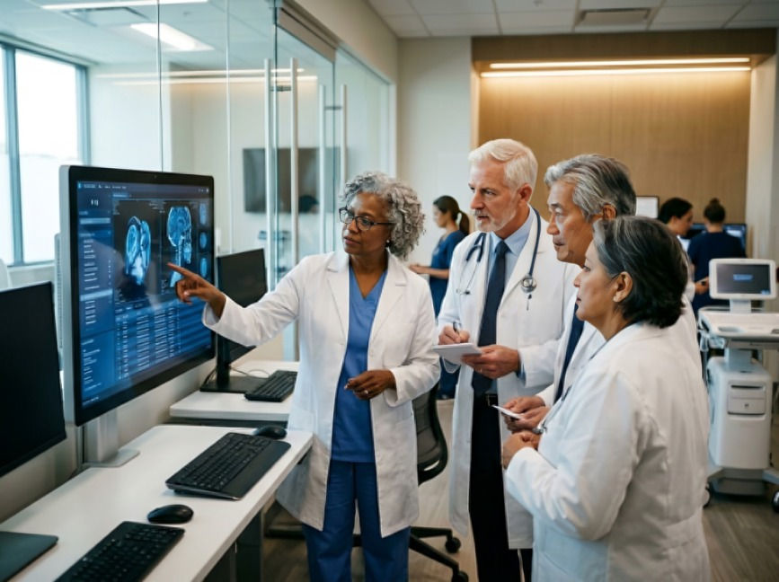 Doctors in white coats review brain scans on a monitor in a bright hospital office, one pointing at the screen.