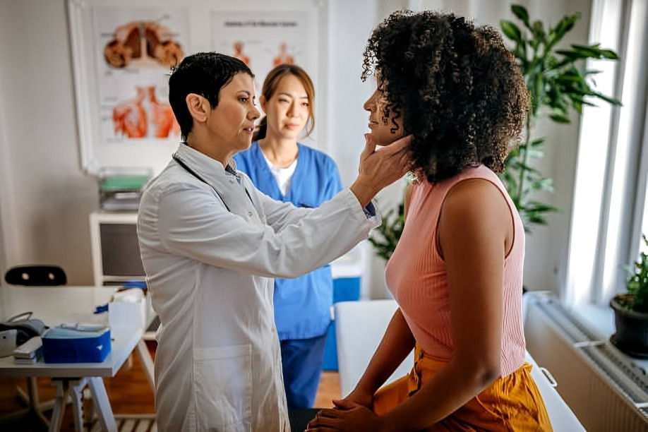 Doctor examines a patient in a medical office with another nurse present. The setting has plants, anatomical posters, and bright lighting.