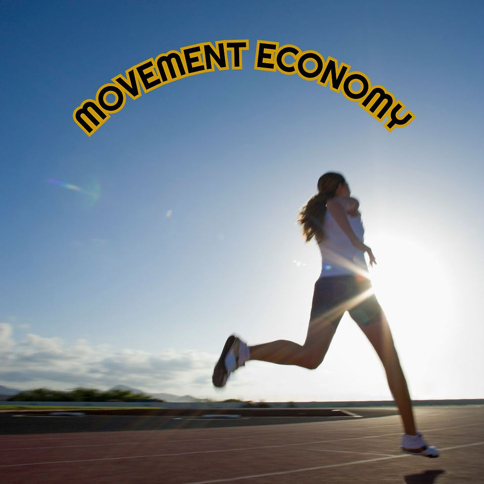 Silhouette of a person running on a track against a bright sun and clear sky. Text "MOVEMENT ECONOMY" arcs above. Dynamic mood.