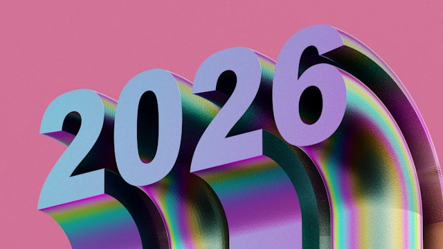 Bold 3D numbers "2026" in purple with rainbow reflections against a pink background, creating a vibrant, futuristic mood.