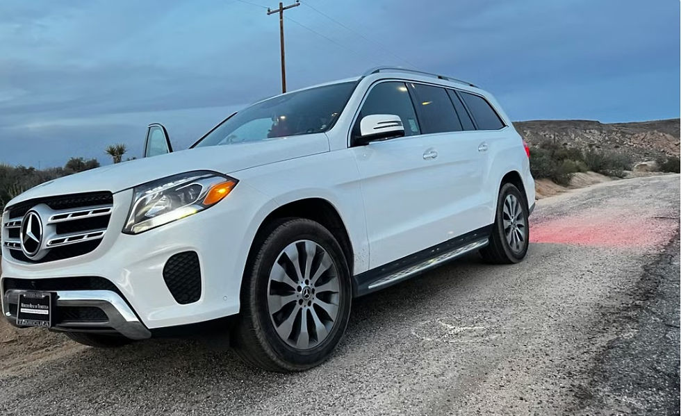 White Mercedes SUV on a rural road at dusk. Headlights on, reflecting on asphalt. Desert landscape with shrubs in the background.