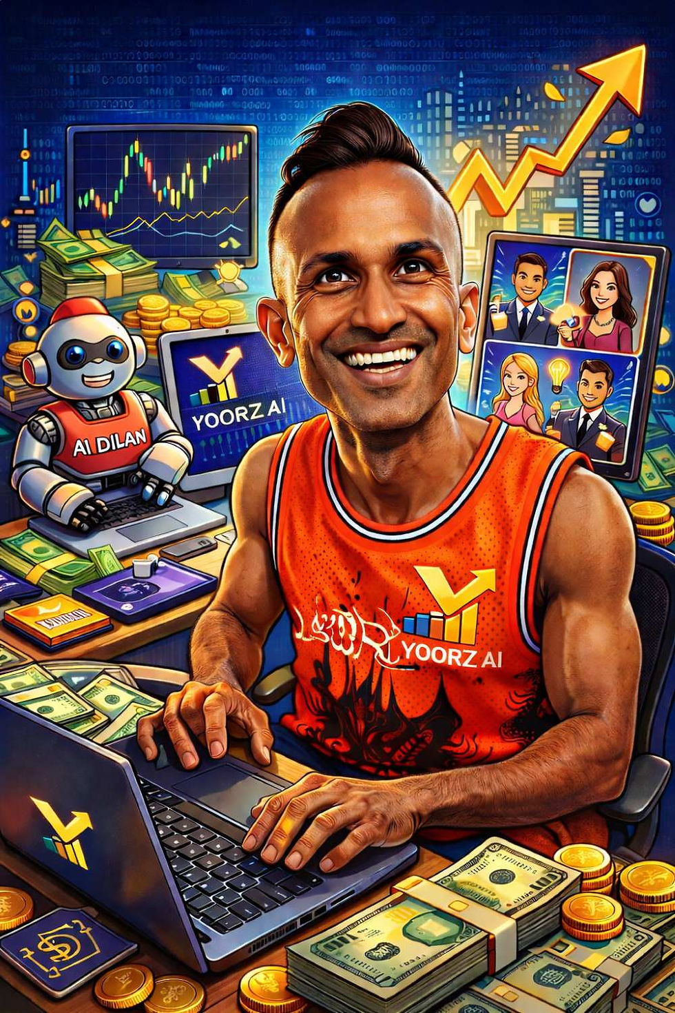 Smiling man at laptop with "YOORZ AI" logo, surrounded by cash, charts, and a robot labeled "AI Dilan" in a digital, financial setting.