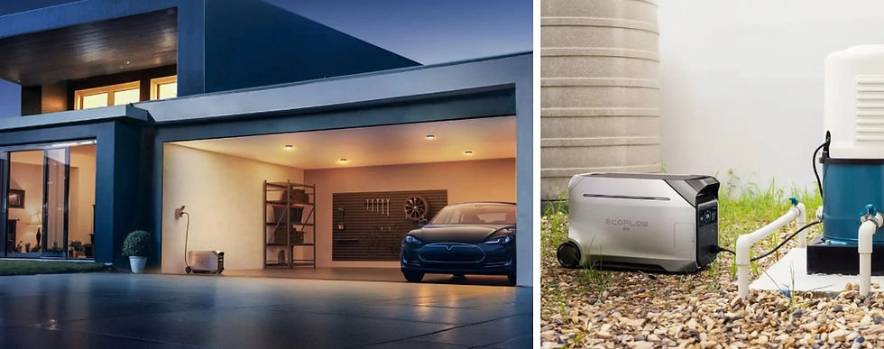 Modern home garage with a blue car and portable EcoFlow power station; close-up of connected outdoor pump system beside it.