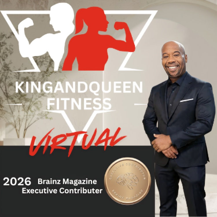 Man in a suit smiles beside "KINGANDQUEEN FITNESS VIRTUAL" text with red figures flexing. Plants in the background, a gold seal, 2026 mention.