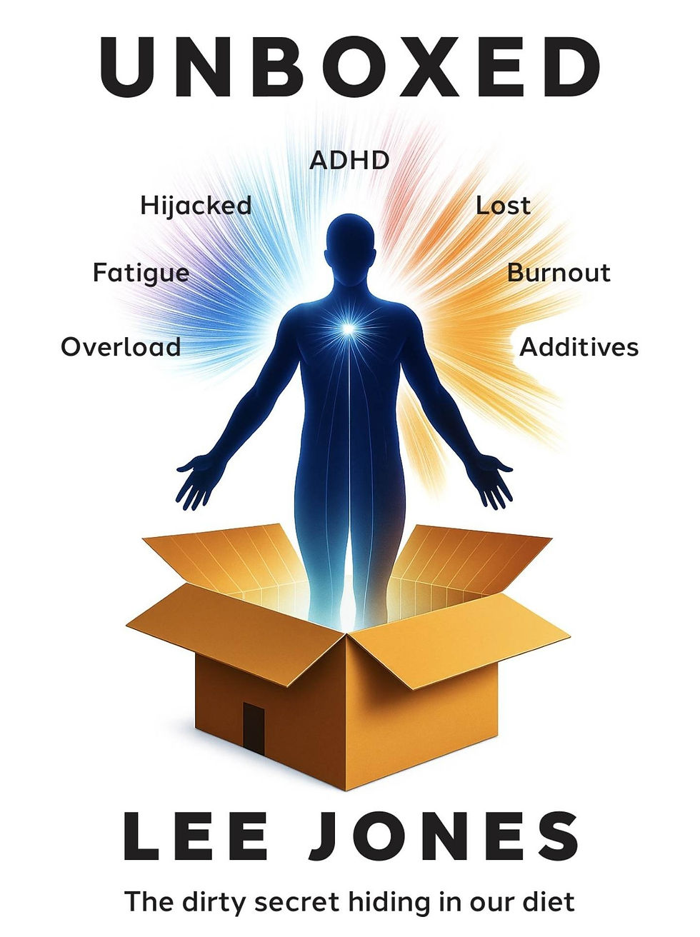 Silhouette emerging from a box with colorful rays, labeled with words like ADHD and Fatigue. Text: Unboxed, Lee Jones. Mood: Intriguing.