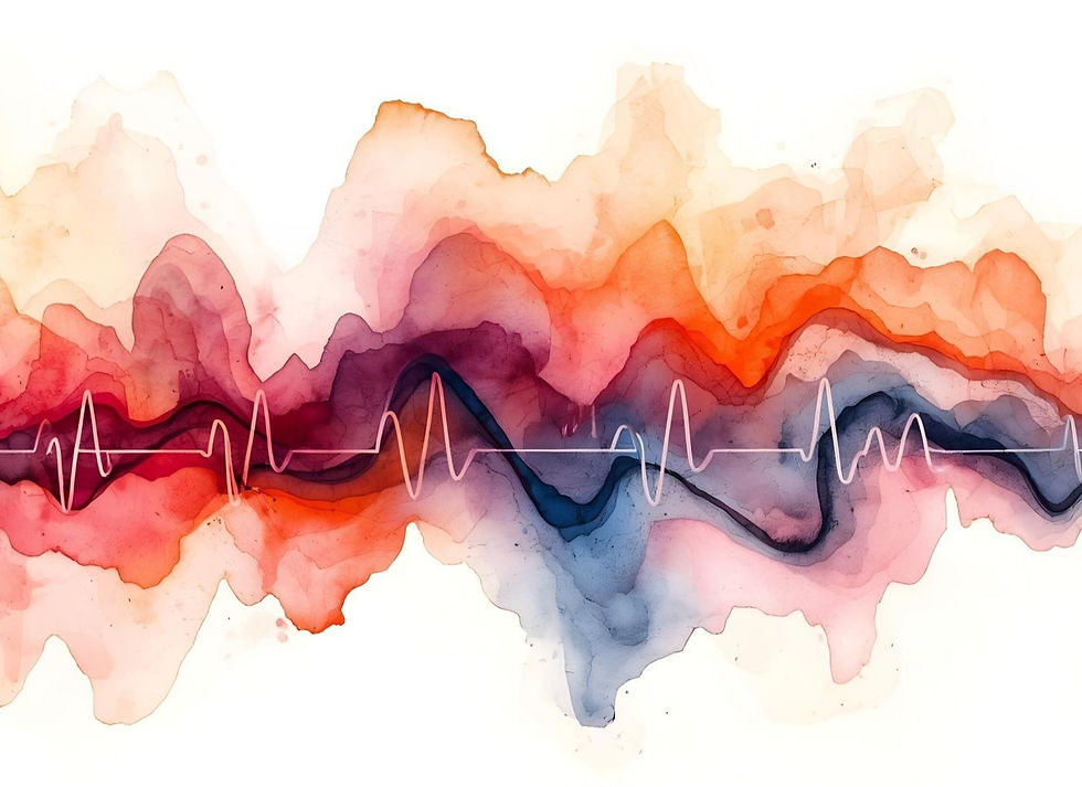 Abstract watercolor art with flowing orange, red, and blue hues. A white cardiogram line runs through the center, set against a white backdrop.