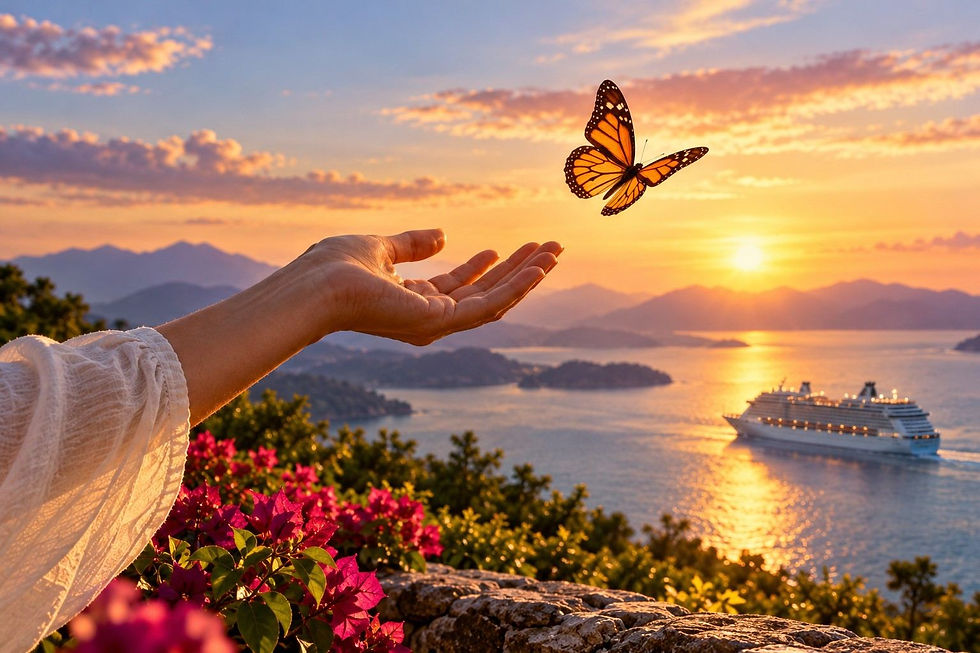 Hand reaching toward a monarch butterfly over a sunset bay, with a cruise ship, mountains, and pink flowers.