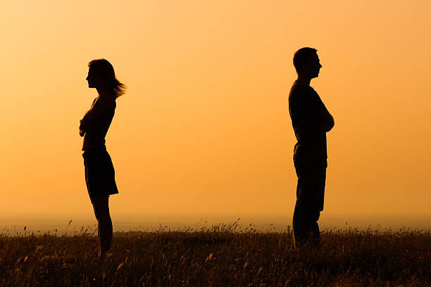 Silhouetted woman and man stand back to back in a grassy field at sunset under an orange sky.