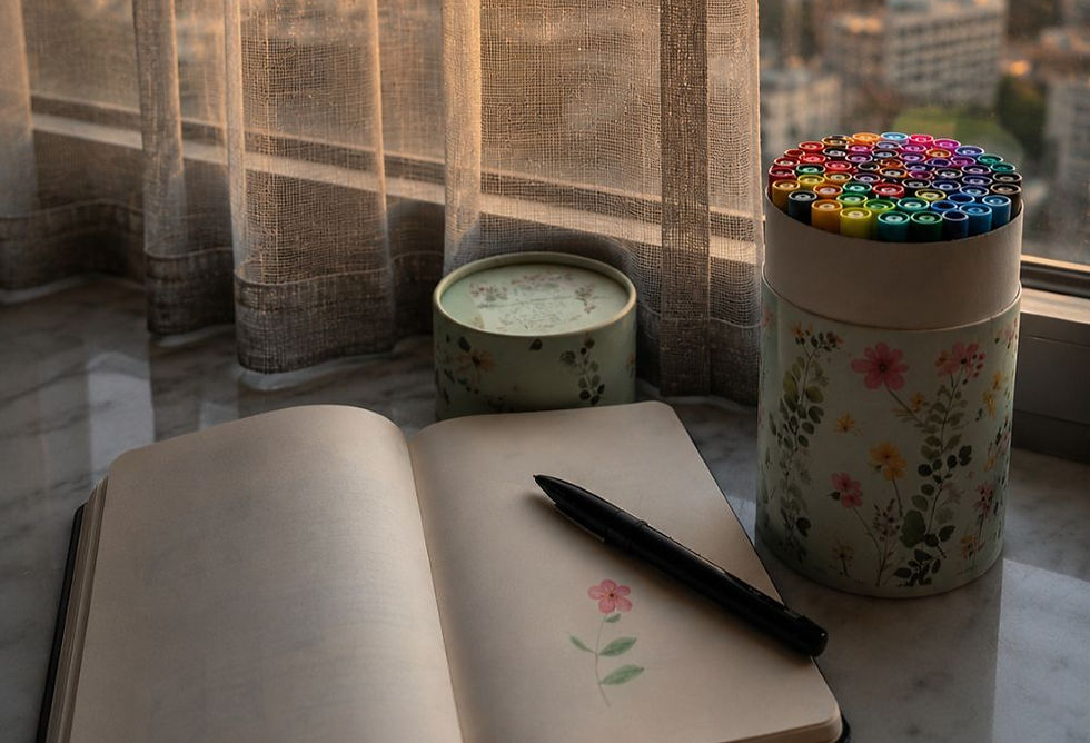 Open notebook with a black pen beside a floral marker cup by a sunlit window with sheer curtains and soft warm light