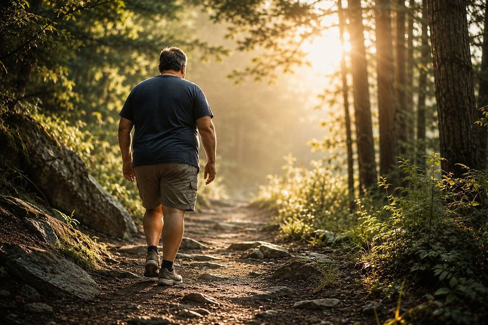 Man hiking alone on a sunlit forest trail at sunrise, warm golden light filtering through tall trees.