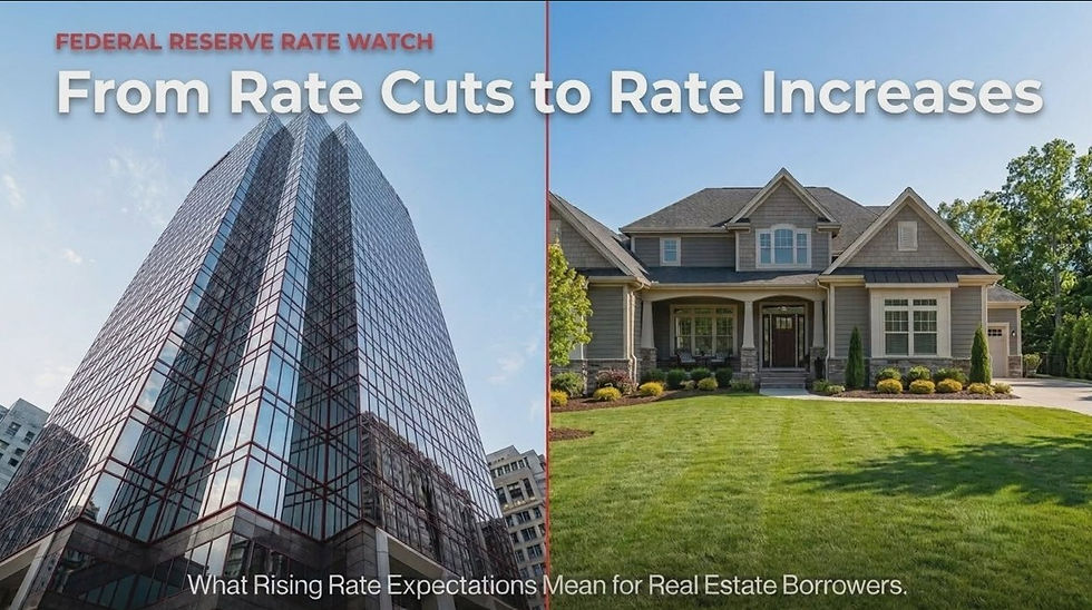 Split image of a glass office tower and suburban house with headline Federal Reserve Rate Watch: From Rate Cuts to Rate Increases.