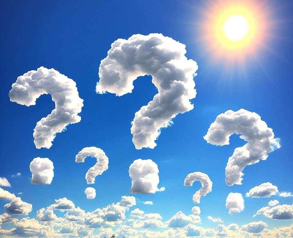 Clouds form question marks in a bright blue sky with a shining sun above. Fluffy white clouds hover, creating a whimsical, curious atmosphere.