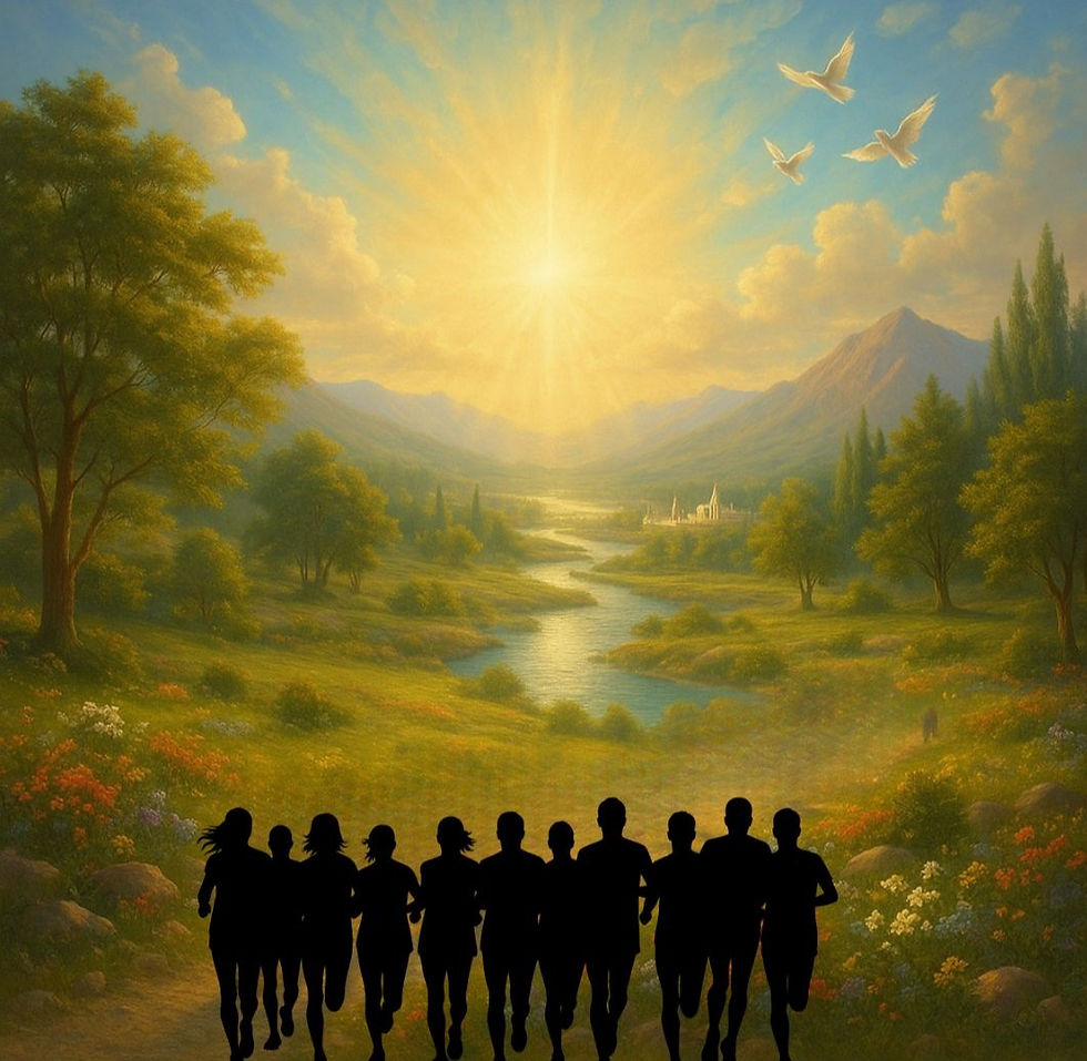 Silhouetted group running in a sunlit valley, surrounded by trees and mountains. Bright, inviting sunrise with doves flying above.