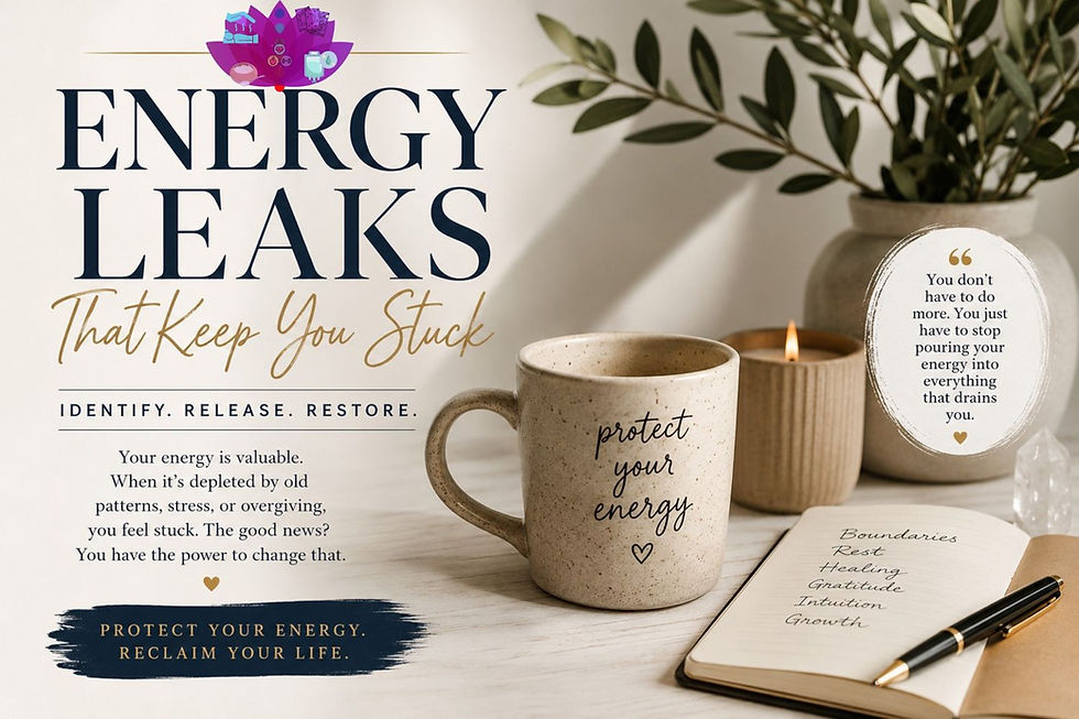 Motivational energy poster with mug, candle, notebook, and plant; text reads Energy Leaks That Keep You Stuck and Protect Your Energy.