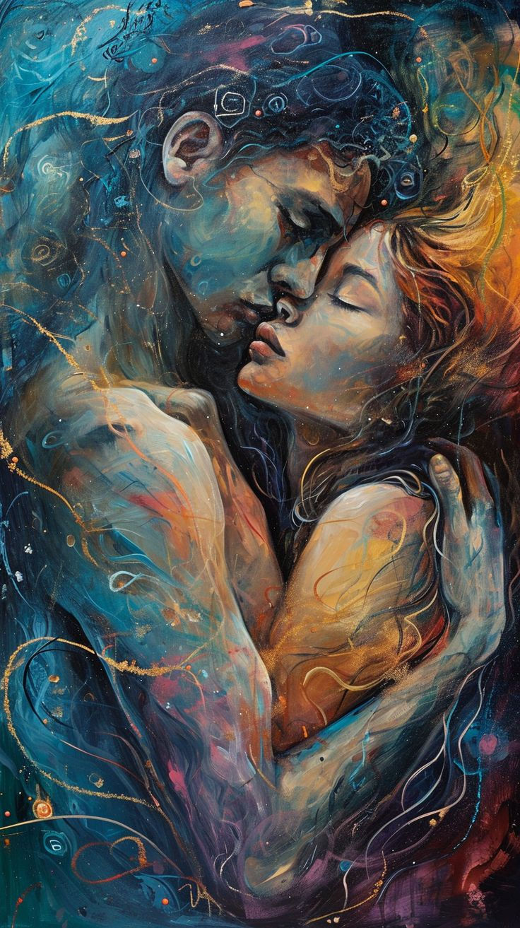 Abstract painting of a couple embracing with serene expressions. Blue and orange hues swirl with fluid patterns, creating a cosmic atmosphere.