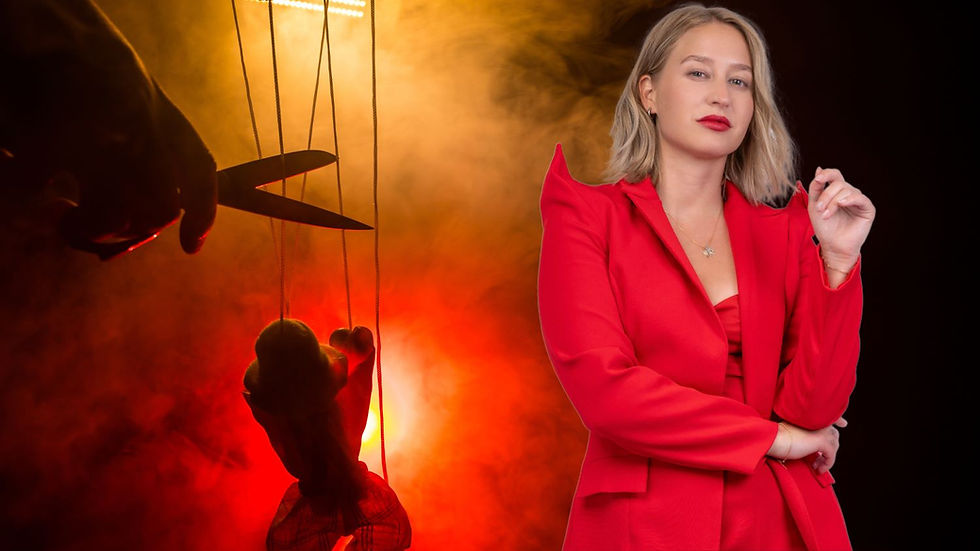 A confident woman in a red suit standing in the foreground, while in the background, a puppet on strings is illuminated by dramatic red and yellow lighting, with scissors poised to cut the strings.