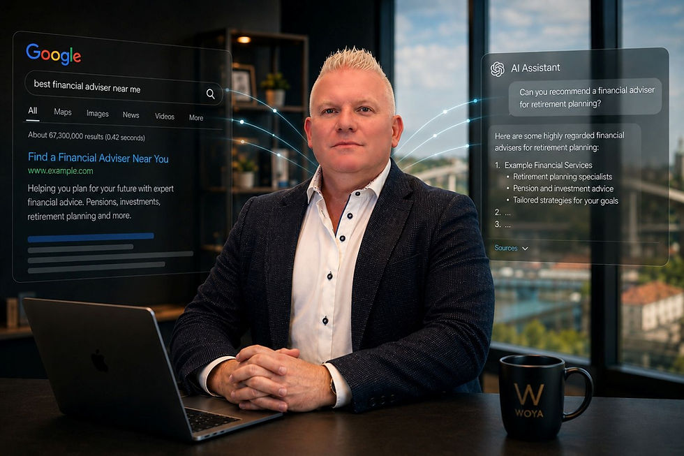 Man at desk with laptop, beside Google search and AI assistant panels about finding a financial adviser for retirement planning.