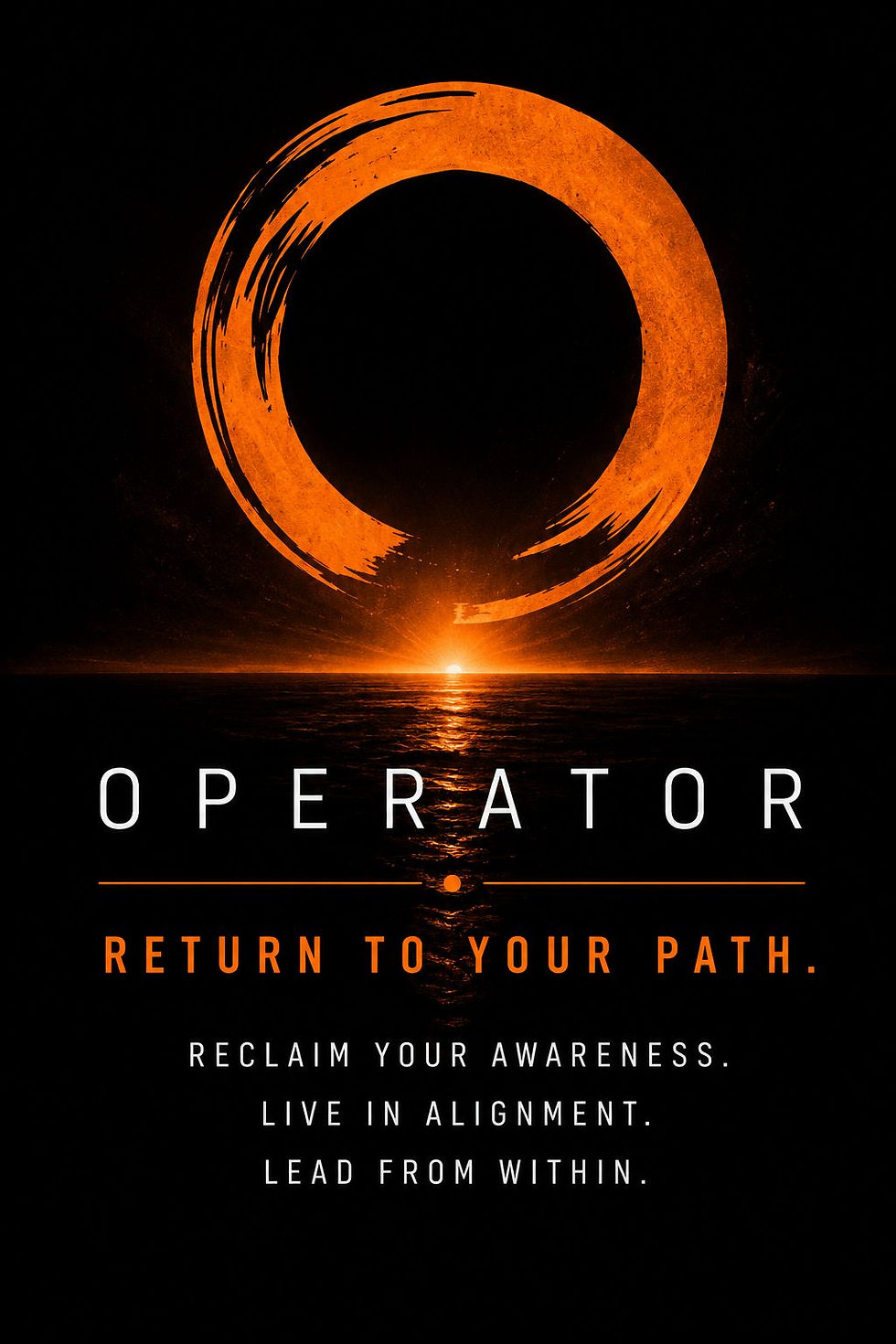 Orange ring over a black ocean sunset poster with OPERATOR and RETURN TO YOUR PATH text, glowing orange and dramatic mood.