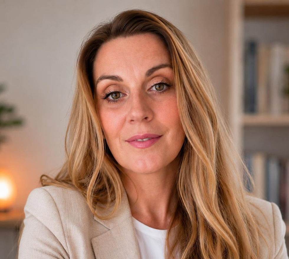 Close-up of a smiling woman with long blonde hair in a beige blazer, indoors with a warm lamp and bookshelves.