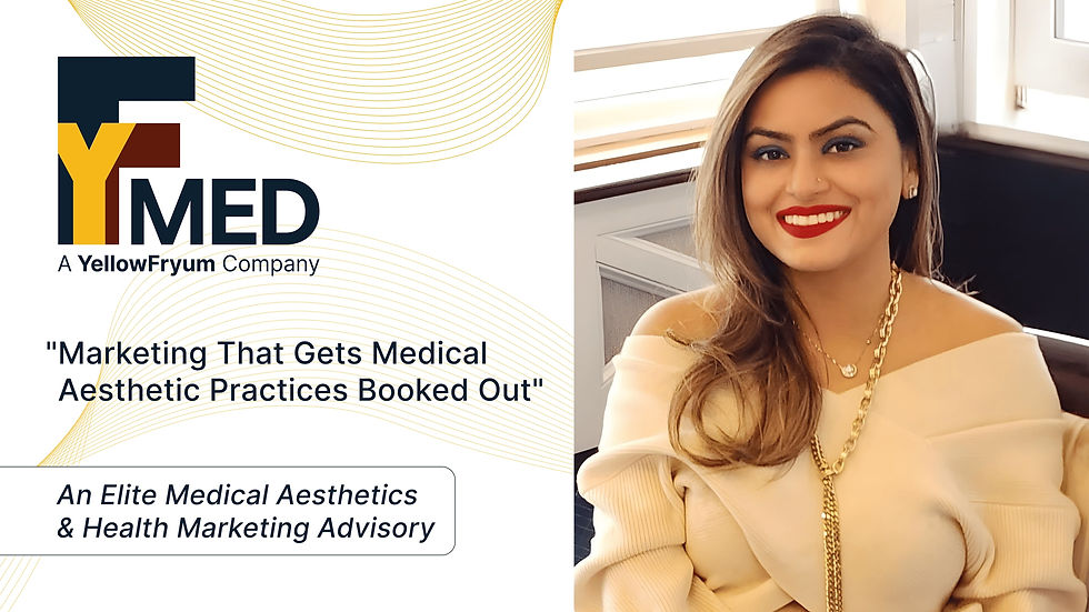 Smiling woman in white sweater, gold necklace, and red lipstick in an office setting. Text: "Marketing That Gets Medical Aesthetic Practices Booked Out" with company logo.