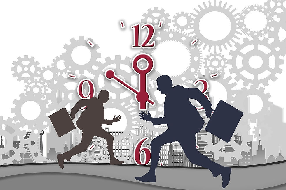 Two businessmen with briefcases run past a giant clock and gears over a city skyline, suggesting urgency and time pressure.