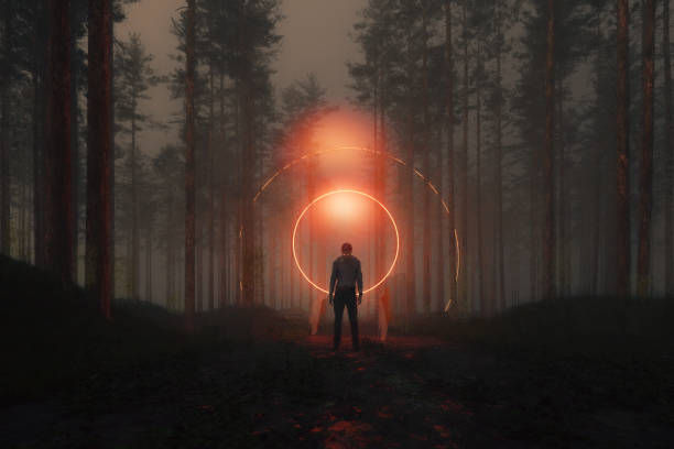 Silhouetted person stands in a misty pine forest before a glowing orange ring portal, creating a eerie, mystical mood.
