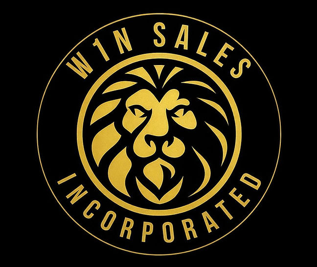 Golden lion logo with text "W1N SALES INCORPORATED" on black background. Bold, confident design with circular layout.