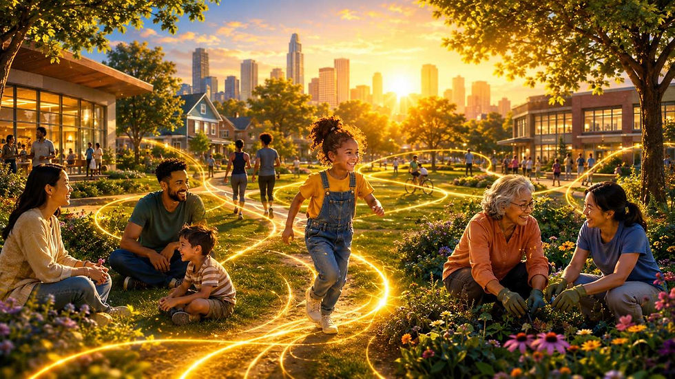 Diverse neighbors relax and a girl runs through a sunny community garden with glowing paths, city skyline at sunset.