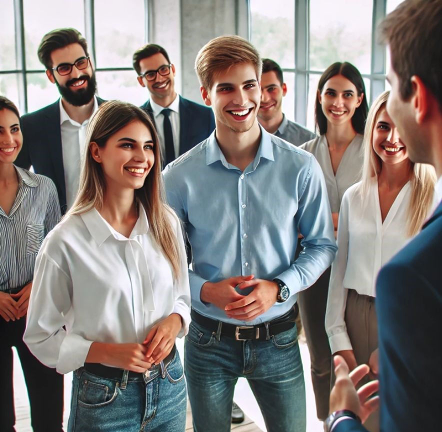 A group of smiling people in business attire gather in a bright room with large windows, engaged in conversation.