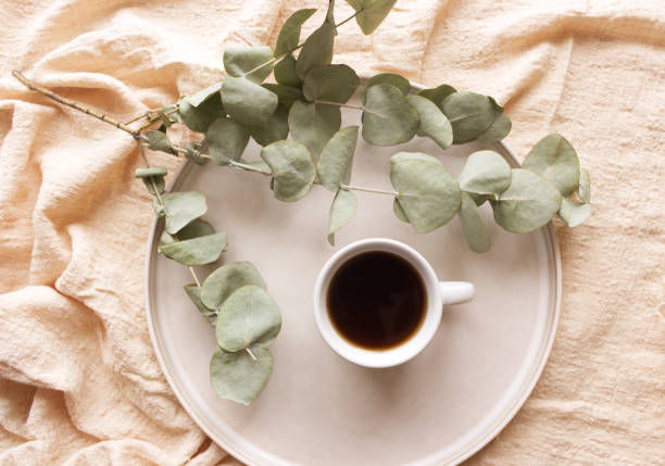 A white cup of black coffee on a round gray tray with eucalyptus leaves. The setup is on a textured beige fabric, creating a calm mood.