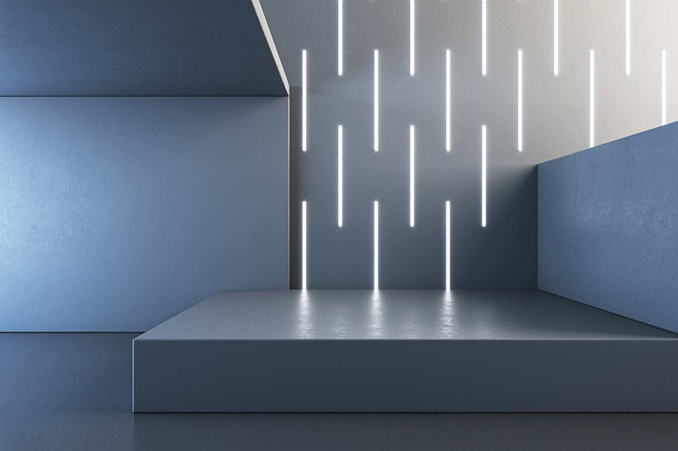 Minimalist room with blue walls and floor, featuring vertical white LED strip lights on one wall. Modern, sleek, and serene ambiance.