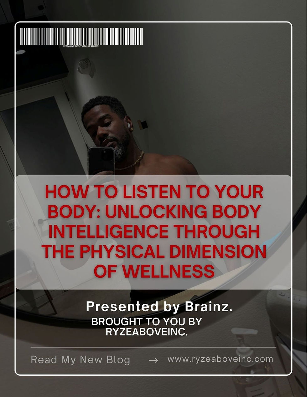 Shirtless man takes mirror selfie in dim bathroom; poster reads How to Listen to Your Body and promotes RyzeAboveInc blog