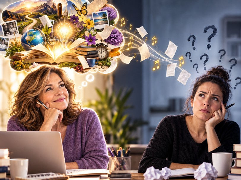 Two women at a table, one smiling at a laptop with a glowing creative thought bubble, the other frowning under question marks.