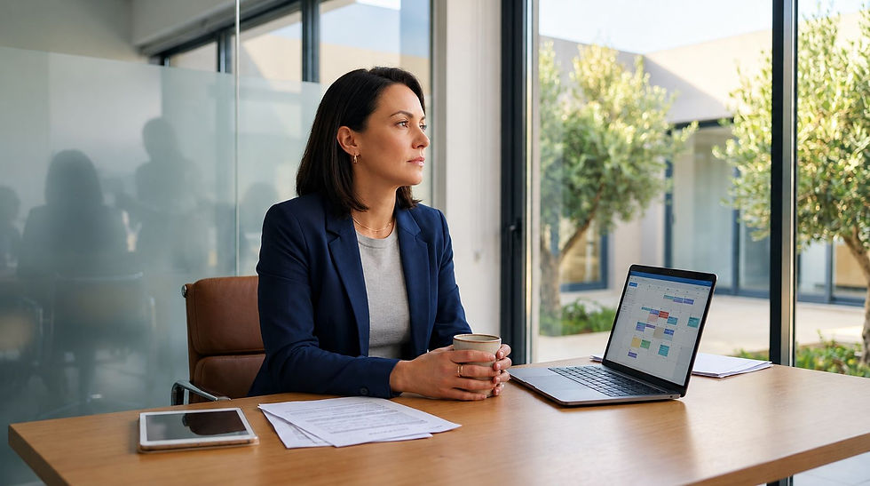 Woman in a navy blazer sits at a desk with coffee, papers, and laptop calendar in a bright office, looking out the window.