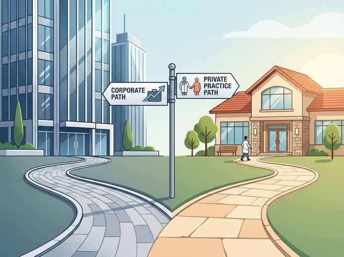 Split path sign: corporate path to glass office towers, private practice path to a house with a doctor walking.